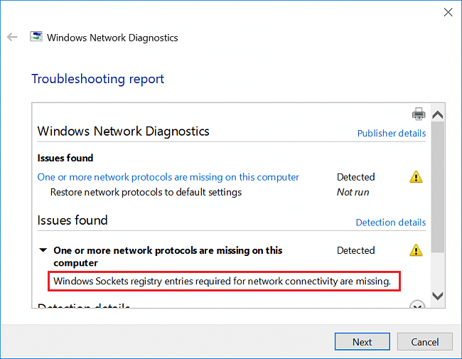Corrigir as entradas de registro de soquetes do Windows necessárias para conectividade de rede estão faltando erro