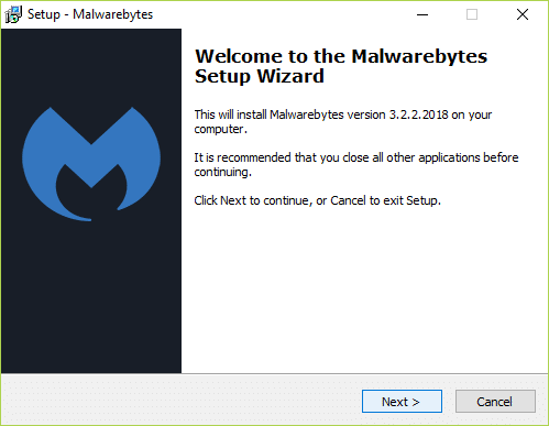 Op die volgende skerm, Welkom by die Malwarebytes Setup Wizard, klik eenvoudig op Volgende