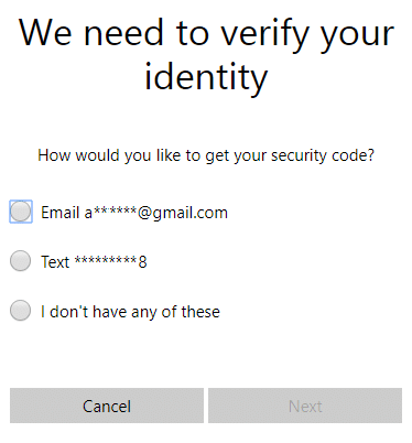 Odaberite kako želite da dobijete sigurnosni kod, a zatim kliknite na Next