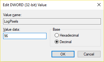 LogPixelsキーをダブルクリックし、baseの下のDecimalを選択して、値を入力します