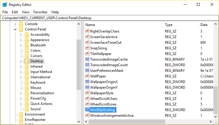 Dubbelklik op Win8DpiScaling DWORD onder Desktop | Verander DPI-skaalvlak vir skerms in Windows 10