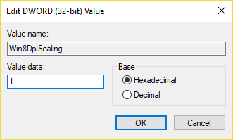 Modificare il valore di Win8DpiScaling DWORD
