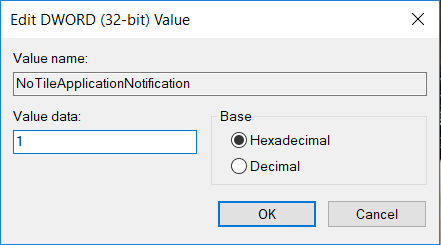 Altere o valor de DWORD para 1 | Como desativar o Live Tiles no menu Iniciar do Windows 10