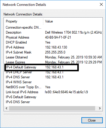 ここでは、IPv4デフォルトゲートウェイの横にIPアドレスが表示されます。 |ルーターを探す