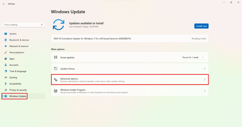 設定ウィンドウのWindowsUpdateセクションの詳細オプション| Windows11でインターネット速度を上げる方法