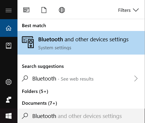 Windows საძიებოდან აკრიფეთ Bluetooth და შემდეგ დააწკაპუნეთ Bluetooth და სხვა მოწყობილობის პარამეტრებზე