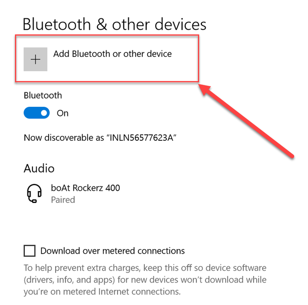 დააწკაპუნეთ Bluetooth-ის ან სხვა მოწყობილობის დამატებაზე Bluetooth პარამეტრების ქვეშ