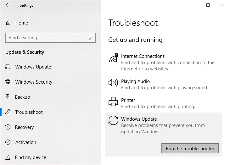 Επιλέξτε Αντιμετώπιση προβλημάτων και, στη συνέχεια, στην ενότητα Λήψη και εκτέλεση κάντε κλικ στο Windows Update
