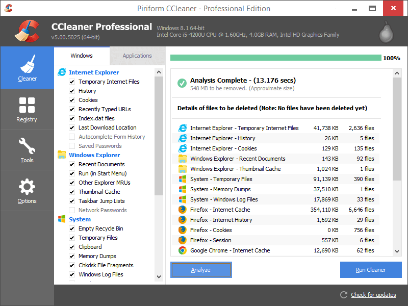 CCleanerを使用してプログラムが使用する一時ファイルを削除する
