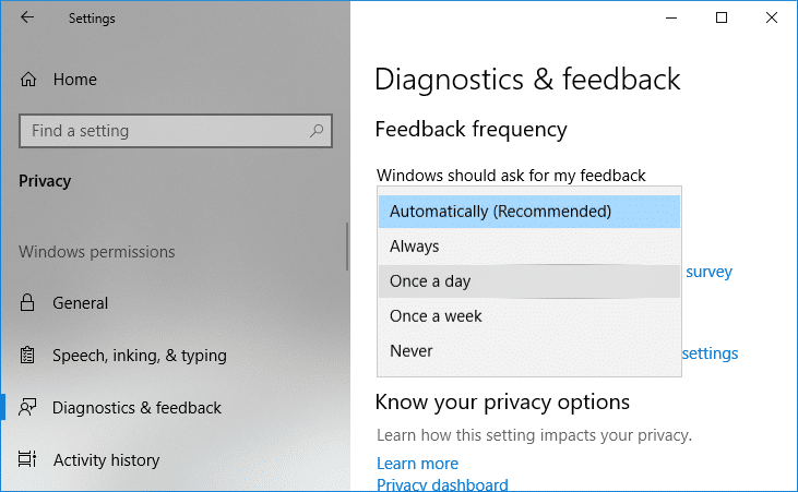 No Windows, deve solicitar meu feedback suspenso, selecione Sempre, Uma vez por dia, Uma vez por semana ou Nunca