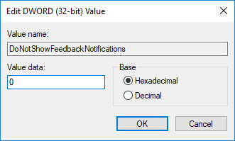 Para habilitar notificações de comentários do Windows, defina o valor de DoNotShowFeedbackNotifications como 0