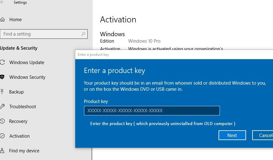 Windows10のプロダクトキーを入力してください