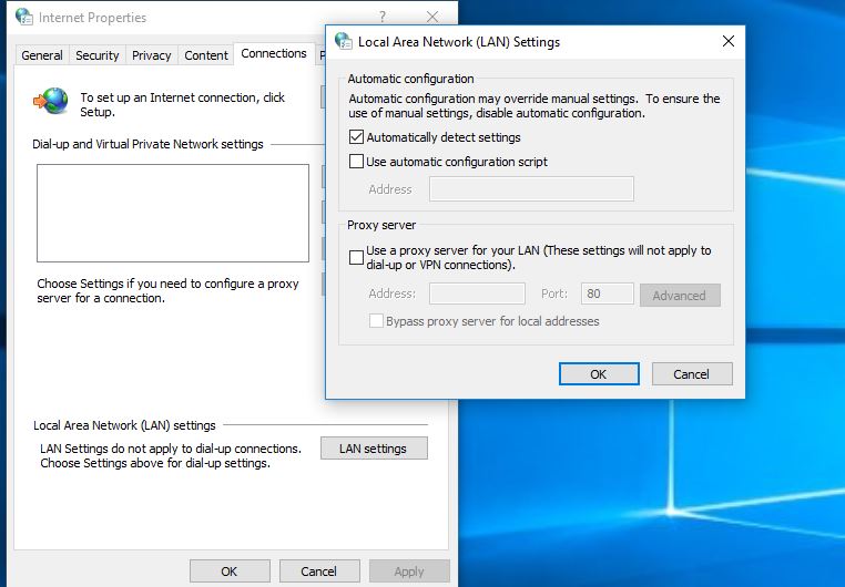 Desactivar a configuración do proxy para a LAN