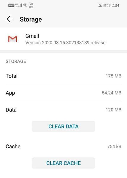 Цяпер глядзіце варыянты ачысткі дадзеных і ачысткі кэша | Выпраўце, што праграма Gmail не сінхранізуецца на Android