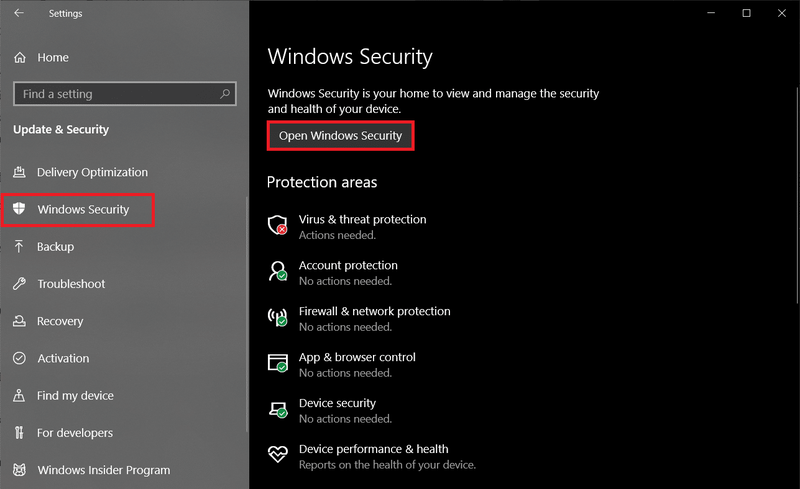Vá para a página Segurança do Windows e clique no botão Abrir Segurança do Windows.