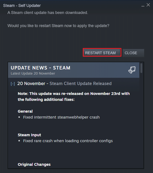 clique em Reiniciar Steam para aplicar a atualização. Como corrigir o código de erro do Steam e502 l3 no Windows 10