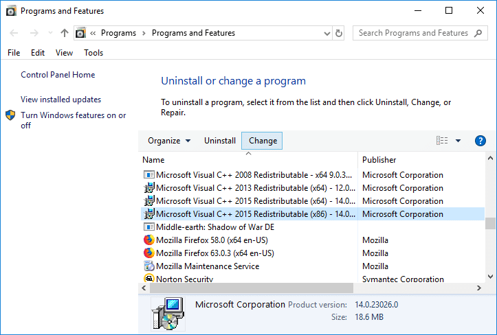 Selecione Microsoft Visual C++ 2015 Redistributable e, na barra de ferramentas, clique em Alterar