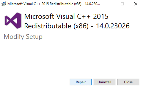 Na página de configuração redistribuível do Microsoft Visual C++ 2015, clique em Reparar