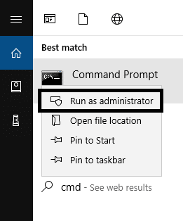 Digite cmd na caixa de pesquisa do Windows e selecione o prompt de comando com acesso de administrador