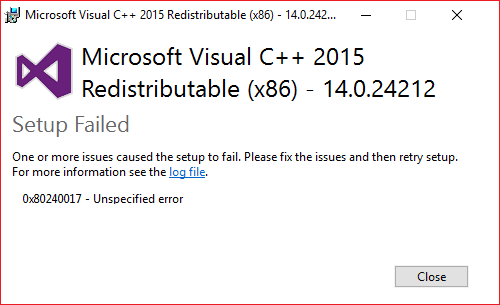 Corrigir o erro de falha de instalação redistribuível do Microsoft Visual C++ 2015 0x80240017