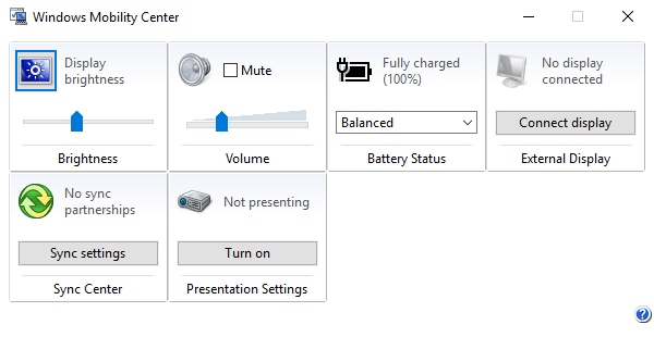 Inicie o Windows Mobility Center clicando com o botão direito do mouse no botão Iniciar