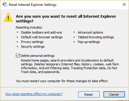Ripristina le impostazioni di Internet Explorer