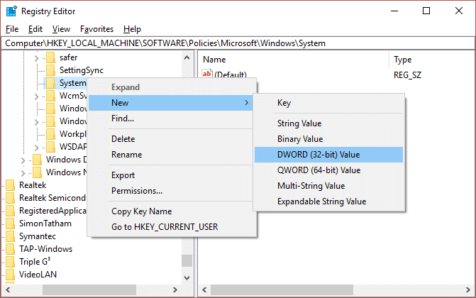 Fare clic con il pulsante destro del mouse sul sistema, quindi selezionare Nuovo e scegliere il valore DWORD (32 bit).