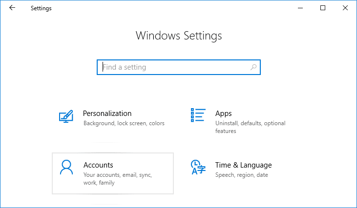 დააჭირეთ Windows Key + I-ს პარამეტრების გასახსნელად, შემდეგ დააჭირეთ ანგარიშებს