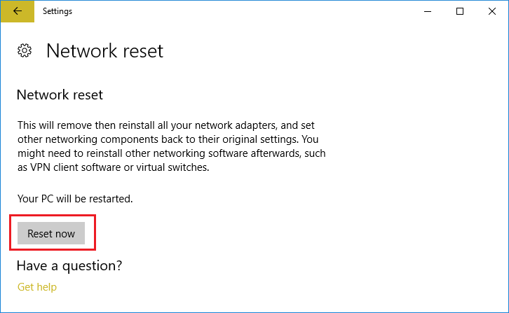 Ma lalo o ka Network Reset, kaomi i ka Reset now