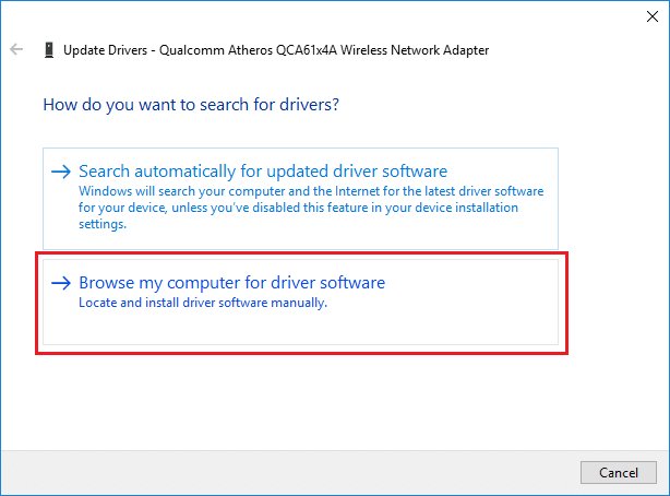 Selezionare Cerca il software del driver nel mio computer