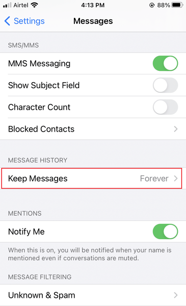 Dodirnite Keep Messages koji se nalazi pod Istorija poruka | Popravite potpuni problem sa pohranom iPhonea