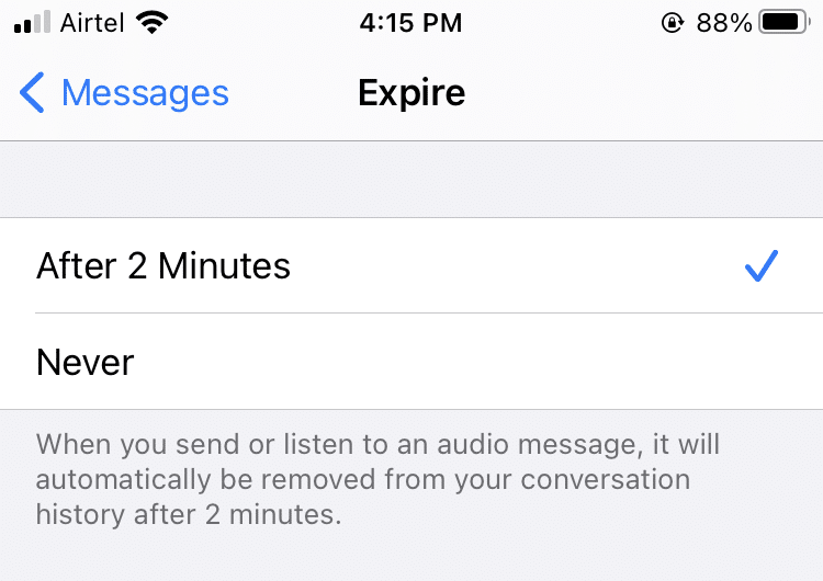 Postavite vrijeme isteka za audio poruke na 2 minute umjesto na Nikad