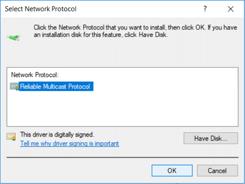 Atlasiet Reliable Multicast Protocol un noklikšķiniet uz Labi | Labojiet IPv6 savienojumu bez interneta piekļuves operētājsistēmā Windows 10
