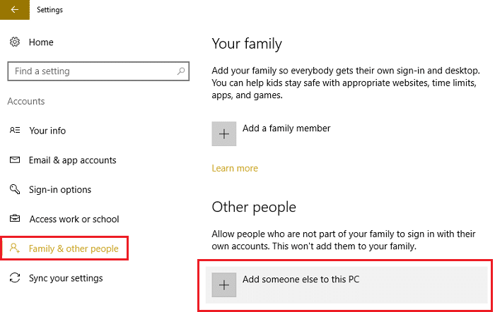 Família e outras pessoas, em seguida, clique em Adicionar outra pessoa a este PC