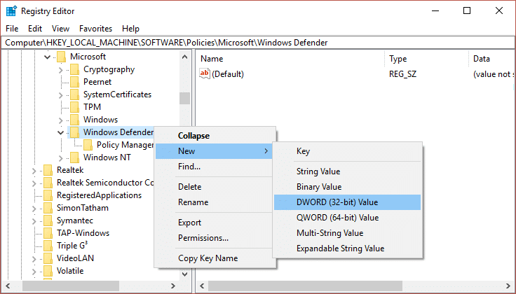 Clique com o botão direito do mouse no Windows Defender, selecione Novo e clique em DWORD nomeie-o como DisableAntiSpyware
