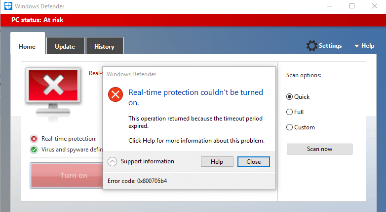 Correggi l'errore di Window Defender 0x800705b4 (Windows Defender potrebbe