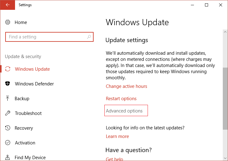 Sottu Windows Update Settings cliccate nant'à Opzioni Avanzate