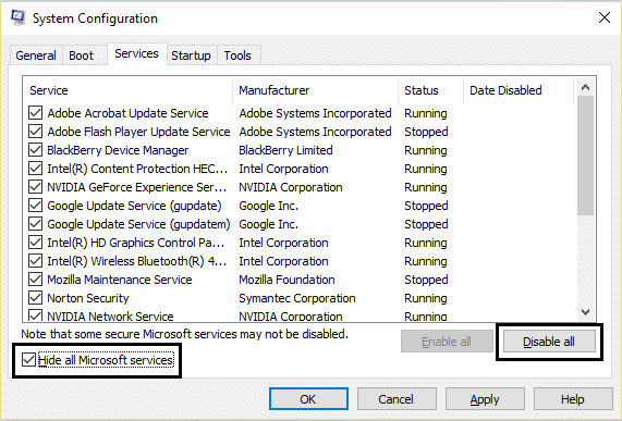 nascondi tutti i servizi Microsoft nella configurazione di sistema