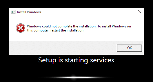 Corrigir o Windows não pôde concluir a instalação. Para instalar o Windows neste computador, reinicie a instalação