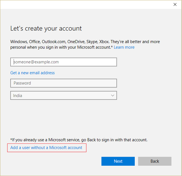 Seleziona Aggiungi un utente senza un account Microsoft