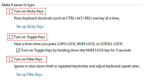 Uncheck Tig rau Cov Ntsiab Lus Nug, Tig rau Toggle Keys, Tig rau Filter Keys