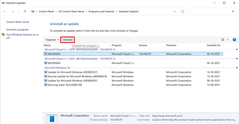 インストールされているアップデートのリスト。 Windows11のタスクバーが機能しない問題を修正する方法