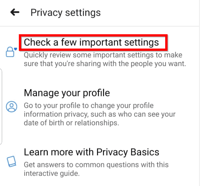 toque Comprobar algunhas configuracións importantes para acceder á páxina de verificación de privacidade. | Facer unha páxina ou unha conta de Facebook privada