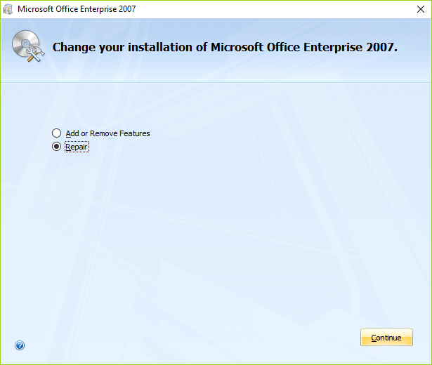 Selecione a opção Reparar para reparar o Microsoft Office