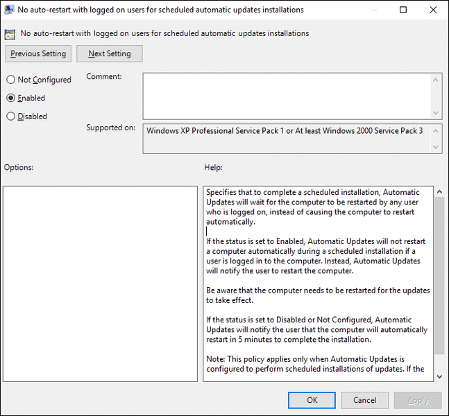 WindowsUpdateで[ログオンしたユーザーで自動再起動しない]設定を有効にします