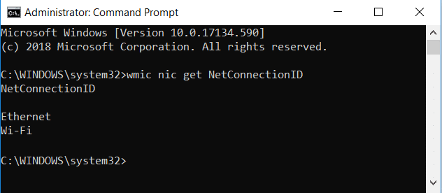 wmic nic get NetConnectionIDと入力して、ネットワークアダプタの名前を取得します
