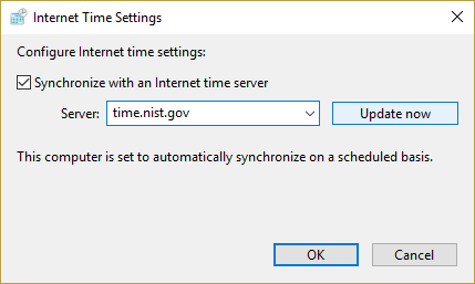 Assicurati che Sincronizza con un server dell'ora Internet sia selezionato e seleziona time.nist.gov