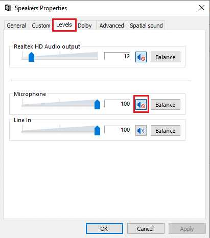 [レベル]タブに移動します。ミュートされたスピーカーボタンをクリックして、マイクのミュートを解除します。 Windows10でSkypeステレオミックスが機能しない問題を修正する方法