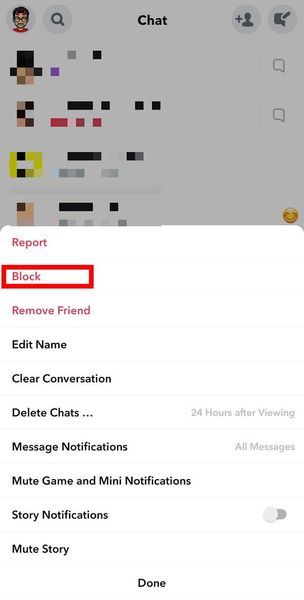 ここでは、ブロックをタップする必要があります。 | Snapchatで親友を取り除く方法