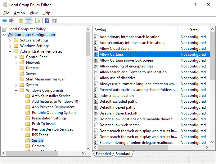 [Windowsコンポーネント]、[検索]の順に移動し、[Cortanaポリシーを許可する]をクリックします